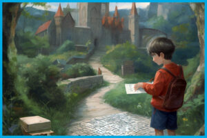 Niño juega una aventura fantástica que le lleva a un mundo imaginario dódne hay un castillo